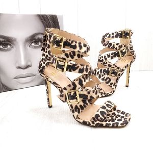 JLO Wynnie Leopard Print Crossed Strap Sandals